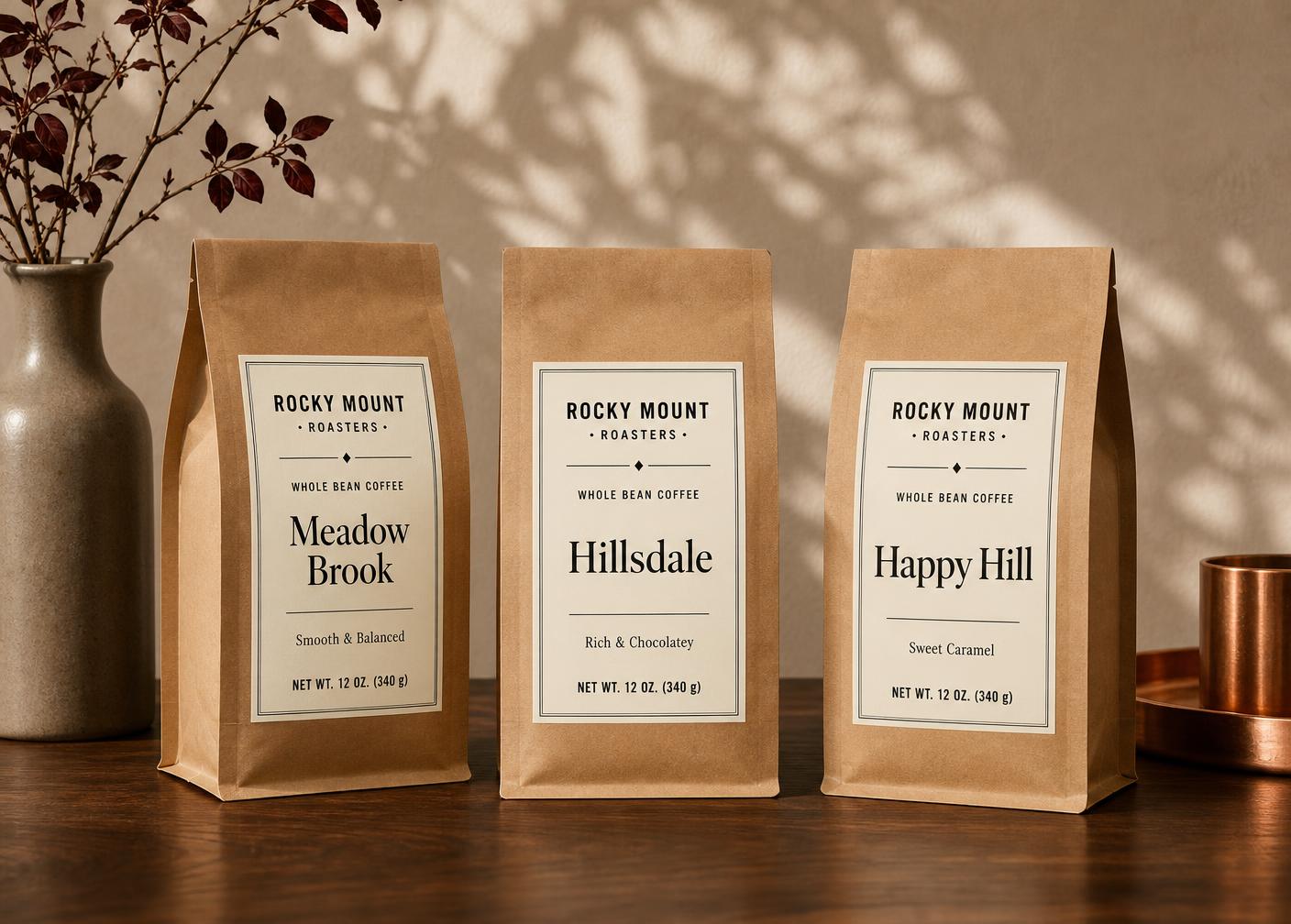Three kraft coffee bags from the Douglas Block Collection