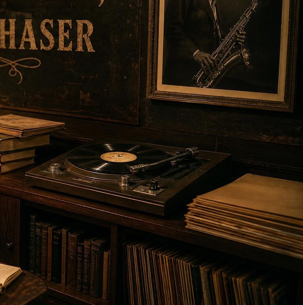 A vintage turntable with a record spinning, stacked sleeves and jazz records beneath warm lamplight in The Woodshed